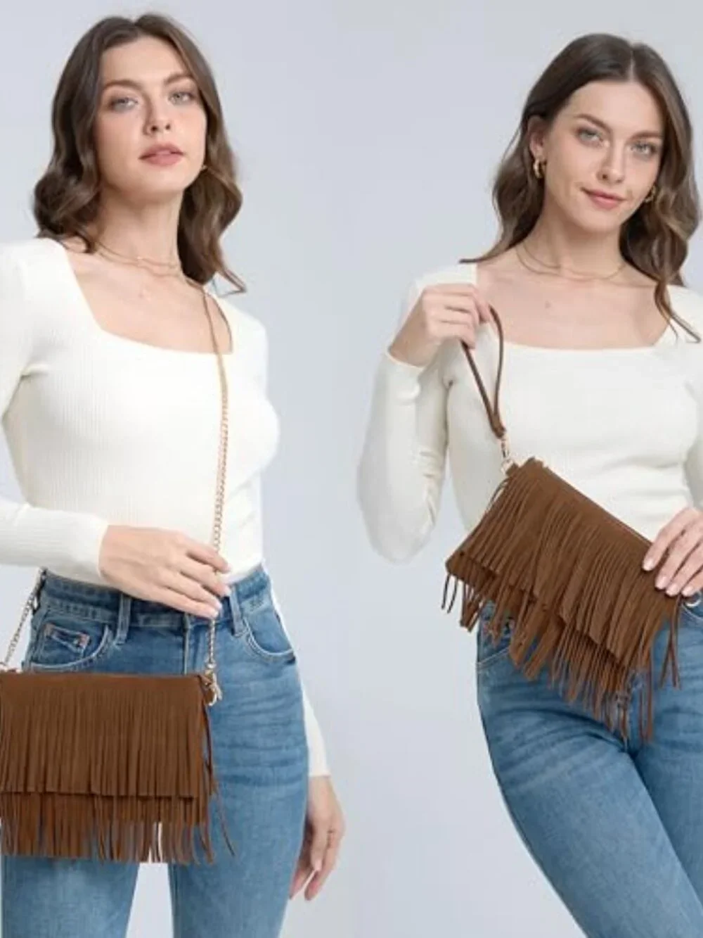 Faux Suede Leather Fringe Crossbody Bag with Wristlet & Chain Strap